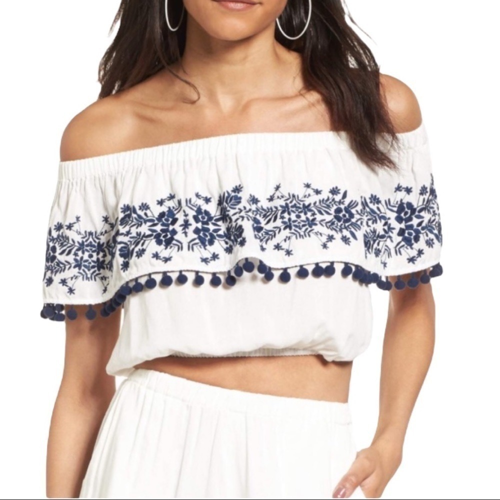 Show Me Your MuMu Women's White & Blue Embroidery Teagan Pom Pom Croptop Size S